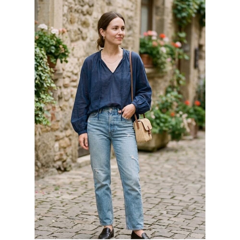 JW Anderson x Uniqlo Navy Sheer Cotton Volume Sleeve Tie Neck Blouse EUC S